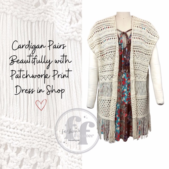 Crochet Knit Fringe Open Front Kimono Cardigan Sweater Shawl Duster Vest Topper - Picture 9 of 11